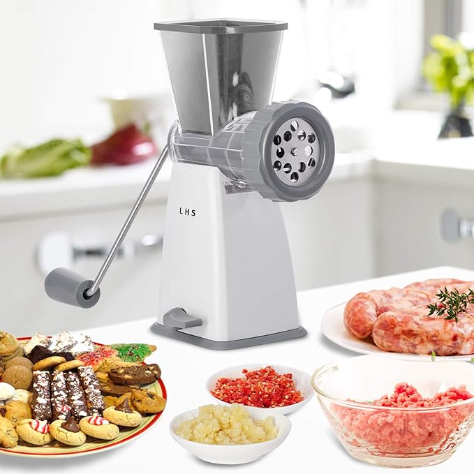 Manual Meat Grinder with Stainless Steel Blades Heavy Duty Powerful Suction Base for Home Use Fast and Effortless for All Meats-Gray