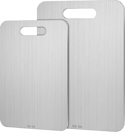 2 Pcs Stainless Steel Cutting Board for Kitchen 304 Steel Chopping Dishwasher Safe Metal Cutting Board Set for Kitchen Meat Fruit Vegetable (13.4"x9",11.8"x7.9")