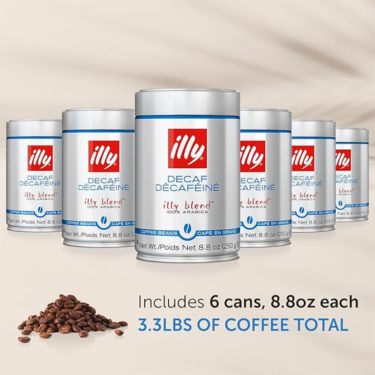 Illy Whole Bean Coffee, Decaffeinated - Medium Roast - Mild & Balanced - 100% Arabica - Whole Beans - Pressurized Packaging Sealed for Freshness - 8.8oz can (Pack of 6)