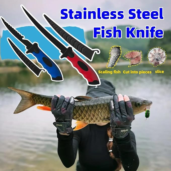 Fishing Knife Set, Fish Cleaning Kit, Filet Knife for Fish, Fish Scale Cleaning Brush, Multi-Functional Scissors, Gloves, Fishbone Tweezers, Storage Bag,Fishing Accessories,Fishing Tool Kit