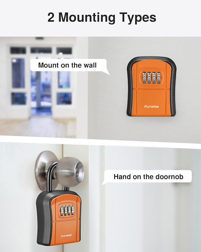 Puroma Key Lock Box Outdoor 4 Digit Code Combination Lockbox House 1 Orange | For Contractors Guest Realtor Storage Keys, Portable, Home Wall Mount, Resettable, Combination, Weatherproof, High-capacity