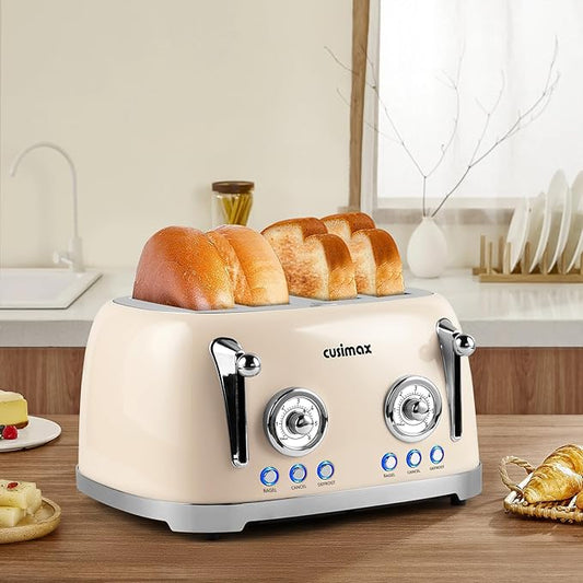 CUSIMAX Toaster 4 Slice, Retro Toaster with Wide Slots for Bagels, Stainless Steel toaster with 6 Toast Settings, Bagel, Cancel, Defrost & Reheat Functions, Dual Independent Control Panels, Cream