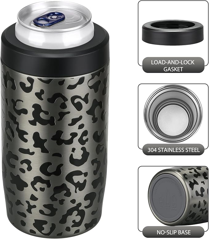MAXSO Slim Can Cooler, 4-in-1 Double Walled Stainless Steel Insulated Beer Can Holder, Works With All 12 Oz Cans,Bottles & As A Pint Cups - Black Leopard