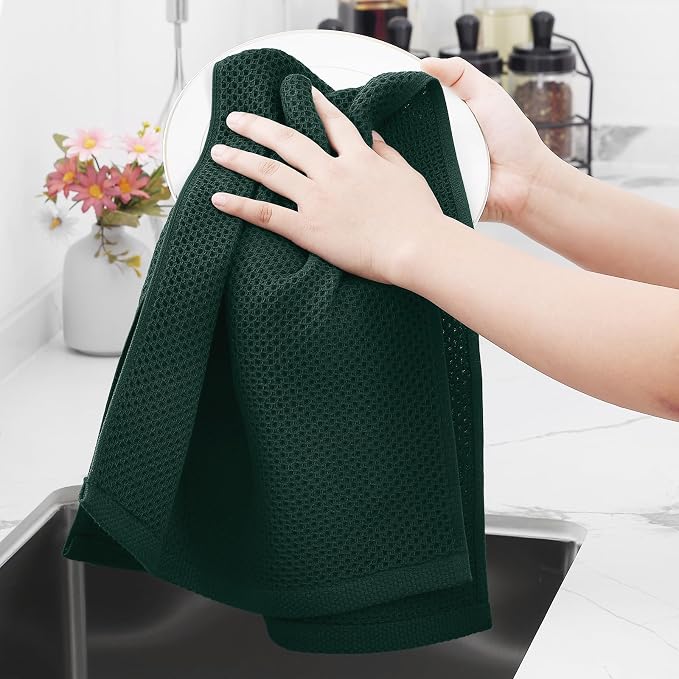 Homaxy 100% Cotton Waffle Weave Kitchen Towels, 3-Pack, Blackish Green | 13 x 28 Inches, Ultra Soft Absorbent Dish Towels, Quick Drying Cleaning Towels