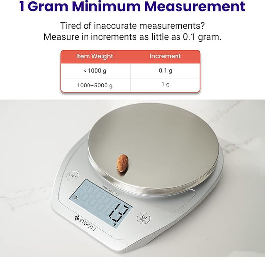 Etekcity 0.1g Food Kitchen Scale, Bowl, Digital Grams and Ounces for Weight Loss, Dieting, Baking, Cooking, and Meal Prep, 11lb/5kg, Stainless Steel Silver | 11lb/5kg capacity with tare, removable bowl, ideal for baking, coffee, meal prep and portion c...