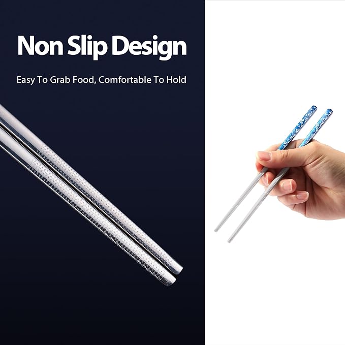 Hagary Carp Reusable Chopsticks Square Metal Stainless Steel 316 18/10 Non-Slip Dishwasher Safe Designed In Korea Japanese Style (Blue - 2 Pairs)