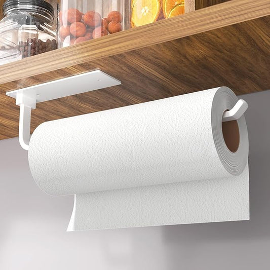 Paper Towel Holder - Self-Adhesive or Drilling, White | Under-Cabinet or Wall-Mounted | Kitchen Roll Dispenser | Upgraded Aluminum | Lighter Yet Stronger Than Stainless Steel