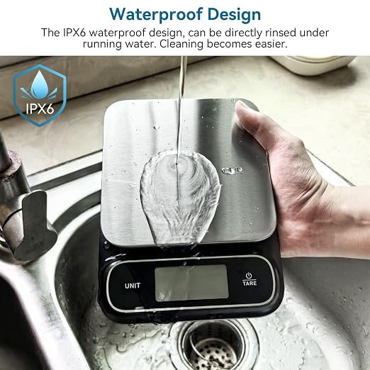 BOMATA Waterproof IPX6 Kitchen Scale, 0.1 g/0.01 oz High Precision, 5 kg/11 lbs, Digital Scale with Backlight, Stainless Steel Weighing Platform, for Food, Cooking, Baking, Weight Loss.. B619, Black