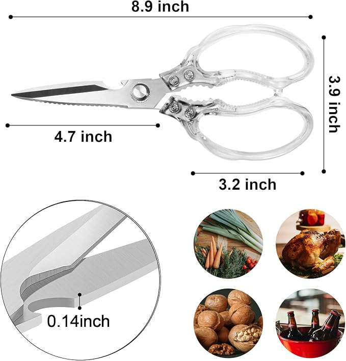 CGBE Kitchen Scissors, Multi-Purpose Kitchen Shears, Heavy Duty Food Scissors for Chicken, Poultry, Fish, Meat & Herbs with Non-Slip Grips (Transparent)