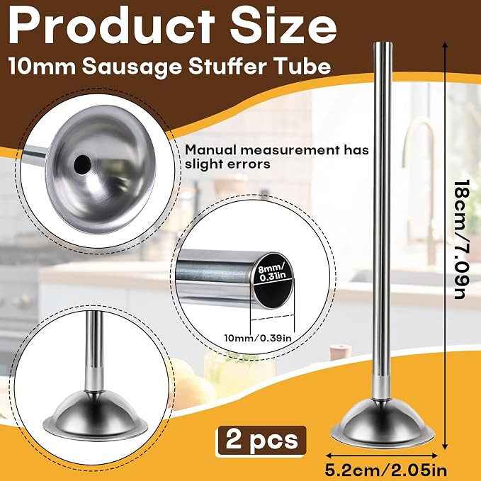 2-Pack 10mm Stainless Steel Sausage Stuffing Tubes for #5 Sausage Stuffer | Fit to Homemade Snack Sticks & Breakfast Links, Slim Sausage Stuffing Horn，For Manual/Electric Meat Sausage Stuffer
