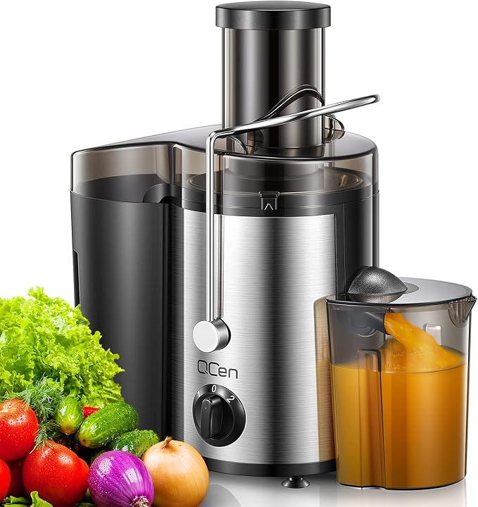 Qcen Juicer Machine, 500W Centrifugal Juicer Extractor with Wide Mouth 3” Feed Chute for Fruit Vegetable, Easy to Clean, Stainless Steel, BPA-free (Black) | For Fruits And Vegetables, Stainless Steel, BPA-Free Parts, Easy To Clean, Compact Countertop J...