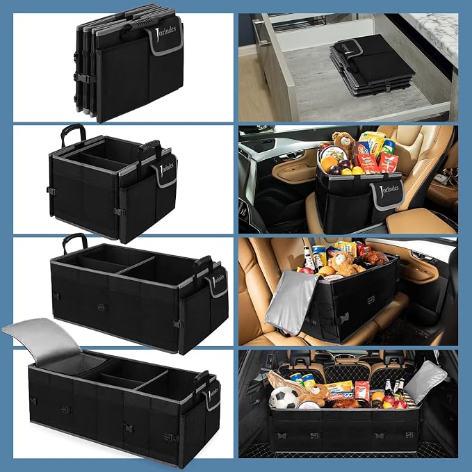 Trunk Organizer and Storage with Built-In Insulated Leak Proof Cooler Bag | Collapsible Cargo Organizer for SUV with Non Slip Strips, 3 Large Compartments Foldable Waterproof Portable Car Storage Box