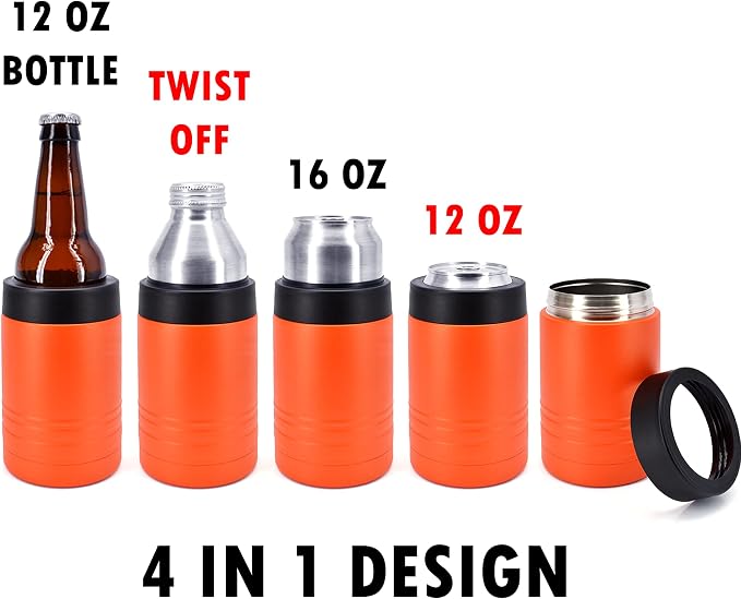 4-in-1 Stainless Steel 12 oz Double Wall Vacuum Insulated Can or Bottle Cooler Keeps Beverage Cold for Hours - Also Fits 16 oz Cans - Powder Coated Orange - Clear Water Home Goods