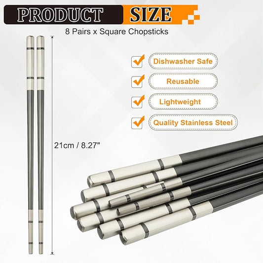 uxcell 8 Pairs Stainless Steel Chopsticks, 21cm / 8.27 Inch Metal Chop Sticks Square Lightweight Chopsticks Tableware Accessories Bulk for Home Kitchen Hot Pot Cooking, Black