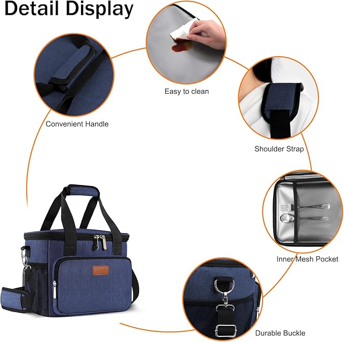 Lunch Bags for Women/Men, Insulated Lunch Bag for Work Office Picnic - Large Lunch Cooler Bag Leakproof Lunch Box with Adjustable Shoulder Strap for Adults - Blue(15L)