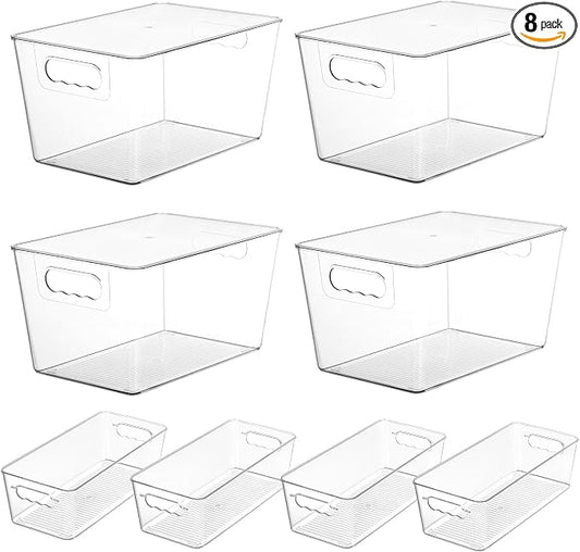 Vtopmart 8 Pack Clear Storage Bins with Lid Set for Pantry Organizer | 4 Large and 4 Small Plastic Pantry Storage Bins with Handle, Storage Containers for Pantry, Kitchen, Fridge, Cabinet