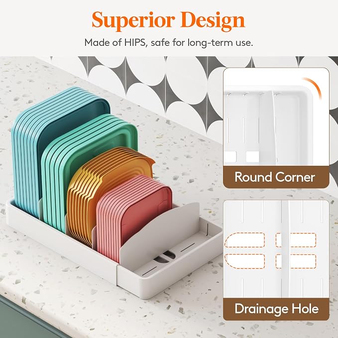 Lifewit Kitchen Cabinet Organizer for Food Contanier Lid with 9 Sections | Expandable Lid Holder with 8 Adjustable Dividers for Pantry Organizers and Storage, White, Extra Large, 13"-24"