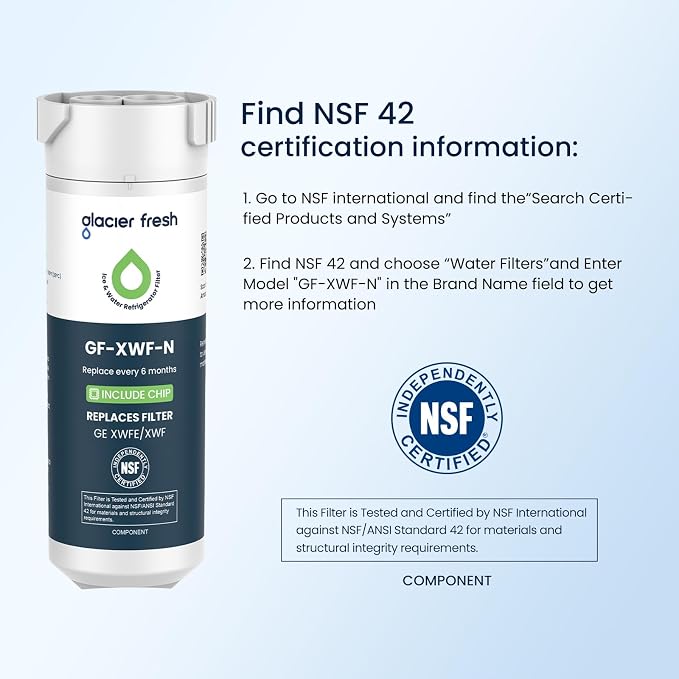 GLACIER FRESH XWFE (Built-in CHIP) Refrigerator Water Filter Pack of 2 | Replacement for GE XWFE, XWF Refrigerator Water Filter NSF/ANSI 42 Certification