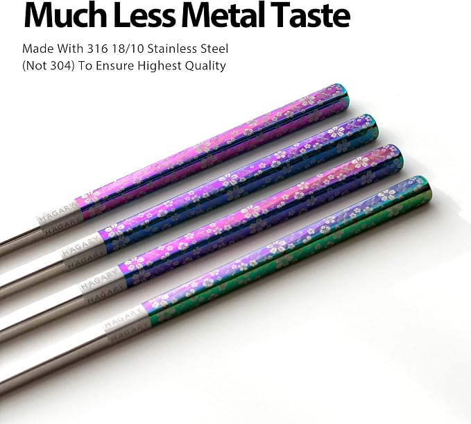 Hagary Cherry Blossom Rainbow Chopsticks Metal Chopsticks Reusable Designed In Korea Japanese Style Stainless Steel 316 18/10 Non-Slip Dishwasher Safe (2 Pairs)