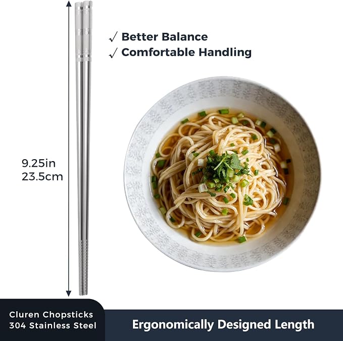 Premium 304 Stainless Steel Chopsticks Set (10 pair) - Reusable Metal Chopsticks with Laser Etching, Elegant Gift Box, Dishwasher Safe
