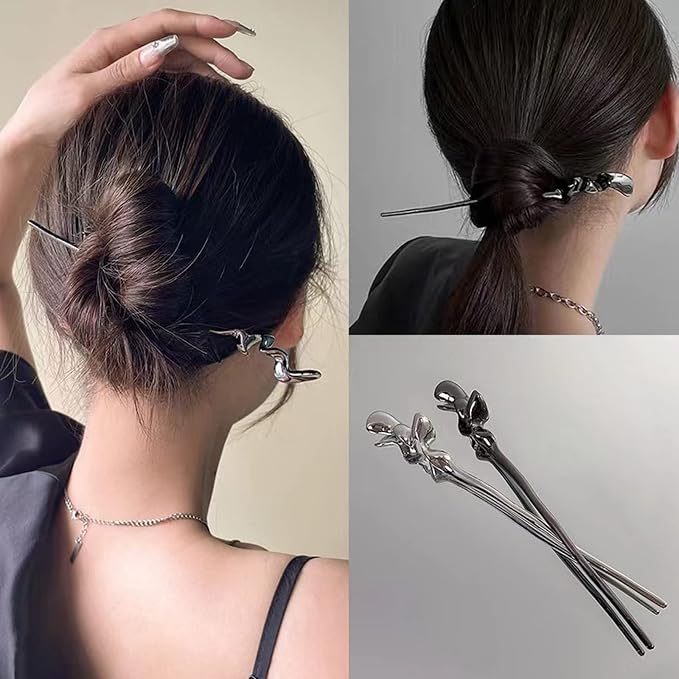 2PCS Metal Hair Sticks for Women Vintage Hair Chopsticks for Women Minimalism Irregular Curve Hair Sticks for Buns Chinese Hair Sticks Pins for Women