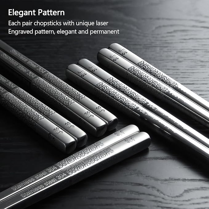 IQCWOOD 18/8 Stainless Steel Chopsticks, 5 Pairs Reusable Metal Chopsticks with Laser Engraved, Dishwasher Safe Non-Slip Square Japanese Korean Style for Cooking Eating, 9 1/4 Inches Gift Set