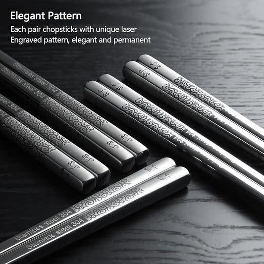 IQCWOOD 18/8 Stainless Steel Chopsticks, 5 Pairs Reusable Metal Chopsticks with Laser Engraved, Dishwasher Safe Non-Slip Square Japanese Korean Style for Cooking Eating, 9 1/4 Inches Gift Set