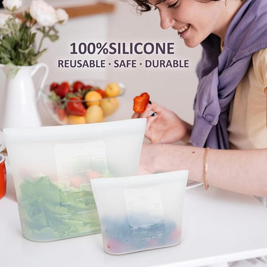 8-Pack Reusable Silicone Food Storage Bags, 100% Silicone Stand-Up Wide-Open Zip-Lock Reusable Storage Bags for Food, Freezer Microwave Oven Dishwasher Safe, Translucent, 4M 2S 2XS