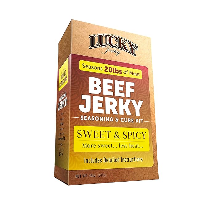 Lucky Jerky Sweet & Spicy DIY Beef Jerky Seasoning and Cure Kit, 12 Oz | Make Your Own Sweet & Spicy Beef Jerky at Home, Brown Sugar and Red Pepper Heat, Seasons 20 lbs of Meat