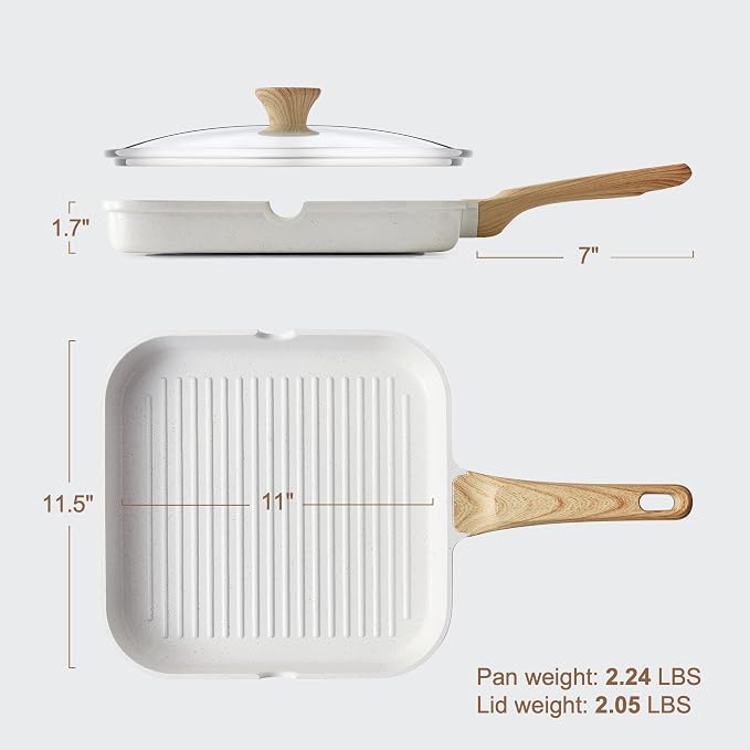 SENSARTE Nonstick Ceramic Grill Pan with Lid, Grill Pan for Stove Tops, Square Grilling Pan with Pour Spouts, Durable Grill Skillet for All Stoves, Steak Bacon Pan, Non Toxic PTFE,PFAS,PFOA Free