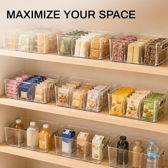 Mpotmiy 10-Pack Pantry Organizers and Storage, Clear Fridge Organizer Bins | Clear stackable plastic bins with removable dividers for packets, snacks, pouches and spices in pantry, fridge or freezer.