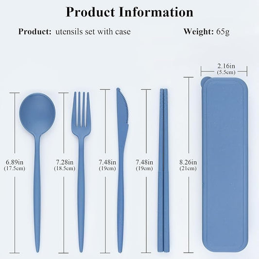 DISSKNIC Reusable Travel Utensils with Case, 4 Sets Wheat Straw Portable Cutlery Set Chopsticks Knives Fork and Spoon for Lunch Box Accessories, Camping Flatware Sets for Daily Use or Outdoor