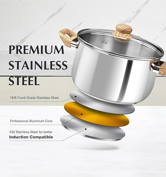 KOCH SYSTEME CS Stainless Steel Pot - 4 Quart Induction Stainless Steel Stock Pot with Lid for Pasta, Soup, Spaghetti, Steel Soup pots with Heat-Resistant Bakelite Double Handle, Dishwasher Safe