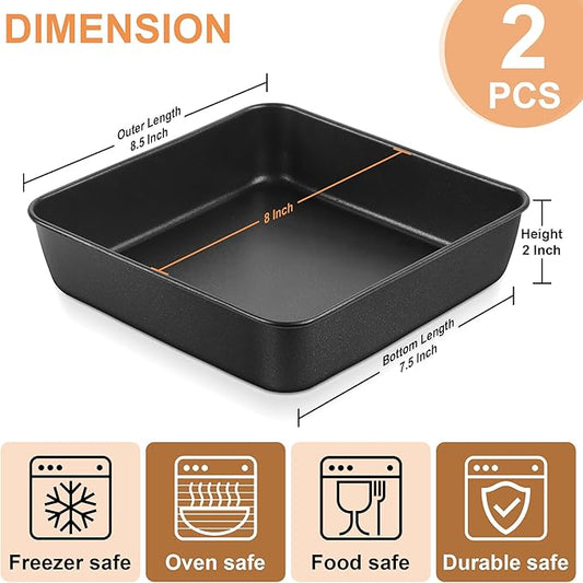 E-far 8 Inch Square Cake Pan Set of 2, Nonstick 8x8 Baking Pan with Stainless Steel Core, Black Metal Bakeware for Brownies Lasagna Cakes, Non-toxic & Easy Clean, 2 Inch Deep