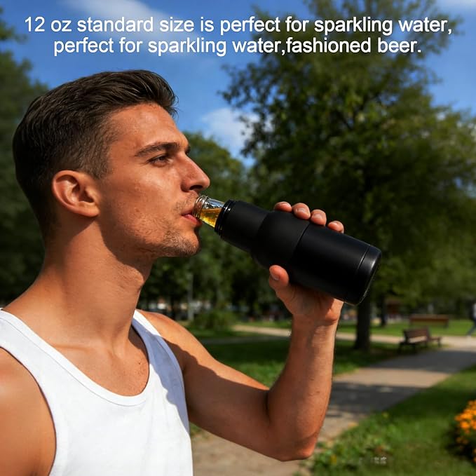 12oz Universal Beer Bottle Cooler Double Walled SS Beer Can Holder | 3 in 1 Can Koozie with Beer Opener Vacuum Insulated - fit Fishing, Camping Outdoor Activities and Nice Gift for Men (Black)