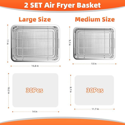 Air Fryer Basket for Oven, 2 Set Oven Air Fryer Basket and Tray with 60 PCS Parchment Papers, DEGOVIN Crisper Tray Non-stick Stainless Steel Air Fry Pans for Convection Oven(15.8" × 11" & 13" × 9.7")