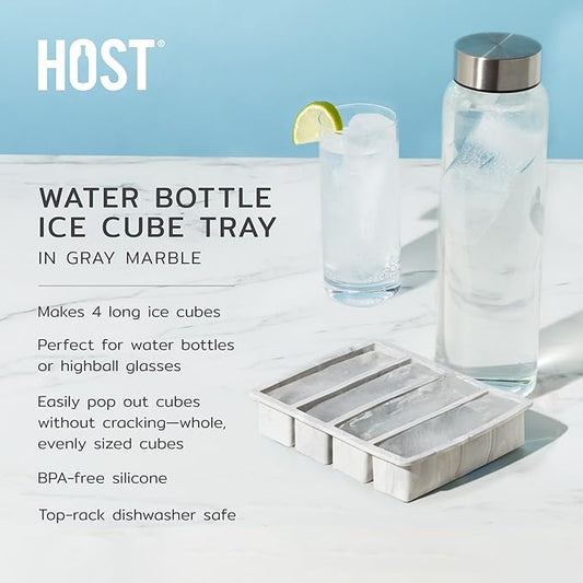 Host Ice Cube Tray, Makes Four 5-Inch Long Cubes, Durable Silicone Trays with Easy Release Design, Perfect for Water Bottles and Highball Glasses, Home Bar Accessories, Set of 1, Marble