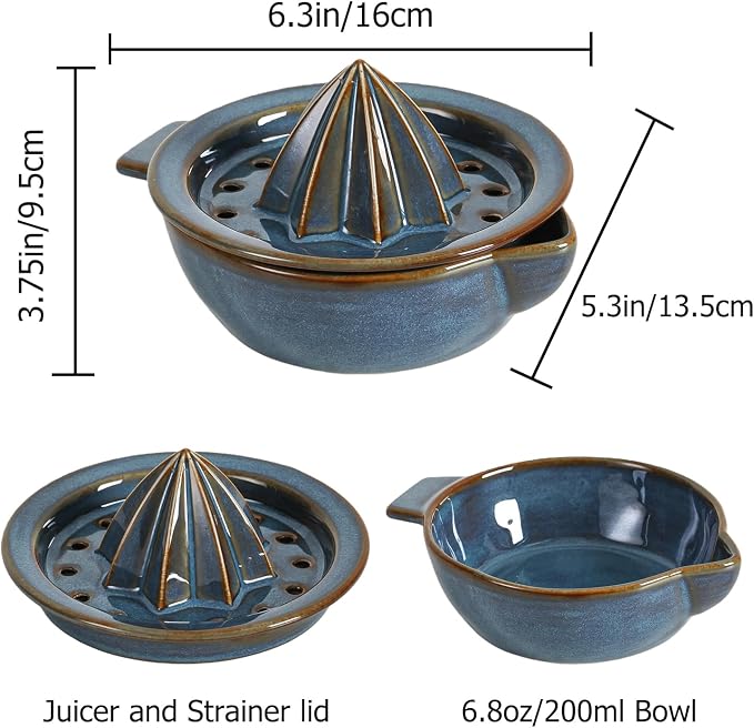 Ceramic Citrus Lemon Orange Juicer Manual Squeezer, Hand Juicer Reamer | Rotation Press with Strainer Lid, Spout, Handle, Dishwasher Safe, Easy to Clean