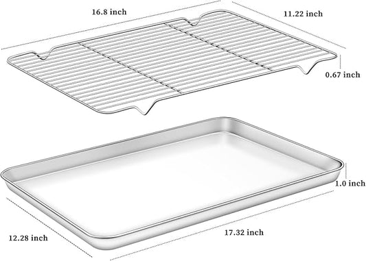 Deedro Baking Sheet with Rack Set [2 Sheets + 2 Racks], Stainless Steel Cookie Half Sheets Baking Pan Oven Tray with Cooling Rack, 17.32 x 12.28 x 1 Inch, Heavy Duty, Non-toxic, Easy Clean