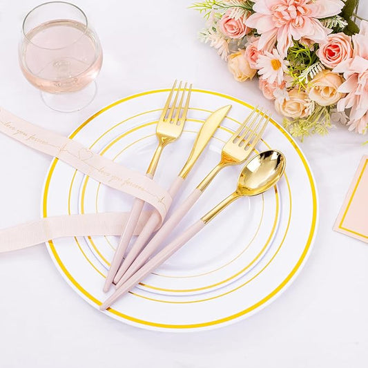 SUT 160Pcs Pink and Gold Plastic Silverware, Heavy Duty Plastic Silverware, Valentines Plastic Utensils, 80 Plastic Forks, 40 Knives, 40 Spoons, Disposable Cutlery for Parties, Valentines(Pink Gold)