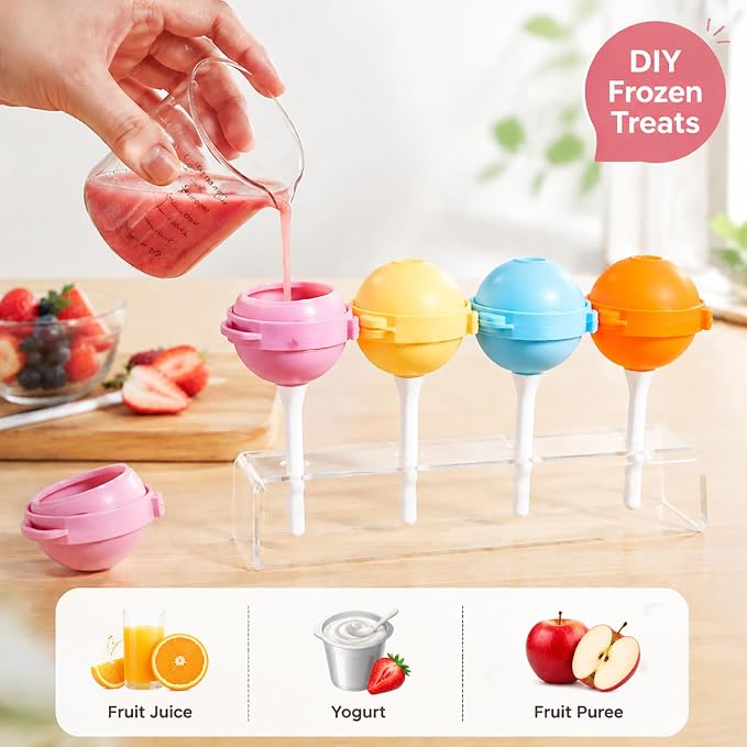STEPHANIE Lollipop Popsicle Molds,12 Pack Silicone Popsicle Molds,Reusable Lollipop Ice Cream Molds for Homemade Frozen Treats,Juice,Yogurt,Smoothies and Fruit Desserts.