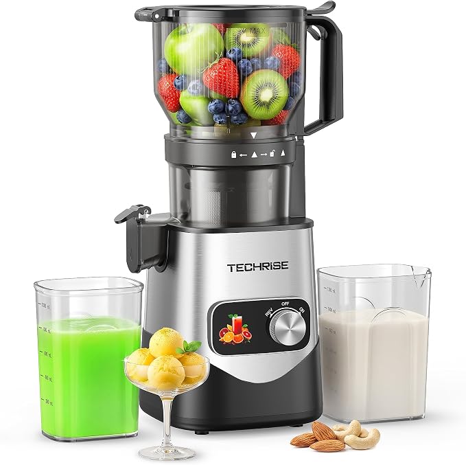 TECHRISE Cold Press Juicer – 6" Wide Chute Fits Whole Fruits & Veggies, Slow Juicer with Ice Cream Maker, 300W Motor, Easy Cleanup, Blade-Free Safety – Bring the Goodness Home for Your Family