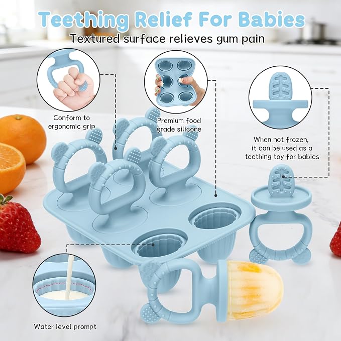 Silicone Baby Popsicle Molds with Sticks, Mini Popsicles Molds for Babies | Breastmilk Popsicle Molds for Teething Relief, Frozen Treats Maker Popsicle Maker Ice Pop Mold for Toddlers Kids(Blue)