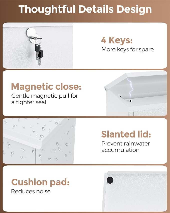 LAND·VOI Locking Wall-Mount Mailbox for Outside, with 4 Keys, Galvanized Steel Rustproof Metal Postbox, 4" Dx13.8 Wx11.2 H, Includes 3 Sets of Mailbox Numbers, Nameplate, White