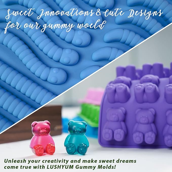 Large Gummy Bear and Worm Mold Silicone, 4 PCS No Stick Chocolate Candy Gummy Molds for Edibles with 2 Droppers & Brush BPA-Free 100 Cavities, Ideal Gift for Kids Adult Halloween Party