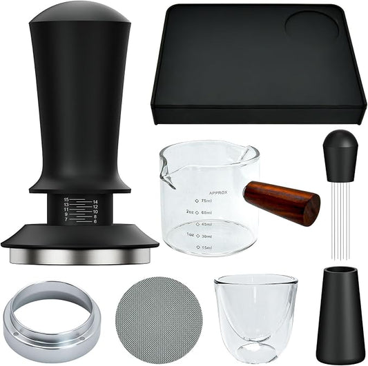 7 Pcs 58mm Espresso Accessories Kit, Spring Loaded Calibrated Tamper, WDT Tool, Coffee Measuring & Espresso Cup and Tamper Mat, Puck Screenr & Dosing Funnel, Fit 58mm Espresso Machine Accessories