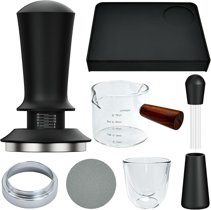 7 Pcs 53mm Espresso Accessories Kit, Spring Loaded Calibrated Tamper, WDT Tool, Coffee Measuring & Espresso Cup and Tamper Mat, Puck Screenr & Dosing Funnel, Fit 54mm Espresso Machines & Portafilters