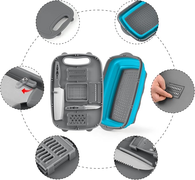 Gintan Collapsible Camping Cutting Board, 9-in-1 Chopping Board with Colander, Kitchen Vegetable Washing Basket for Camping, Camping Gifts Camping Accessories for RV Campers (Blue+Grey)