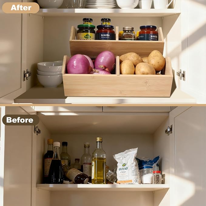 2 Set Pantry Organizers and Storage Bins, Bamboo Stackable Baskets for Potatoes, Onion, Bread, Vegetables - Bamboo Pantry Organizer Containers for Drawer, Cabinet, Countertop
