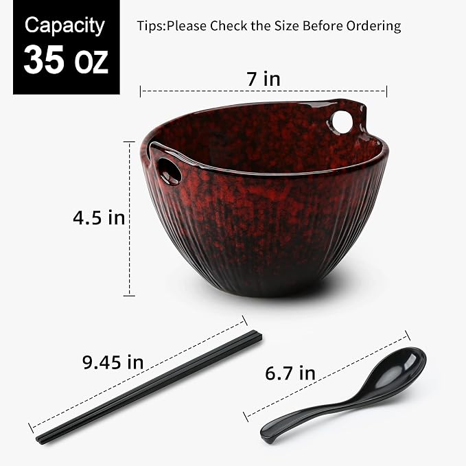 Ramen Bowl Set with Chopsticks and Spoons, Ceramic Noodle Bowl Set of 2, Donburi Bowl, Dishwasher Safe for Pho Udon Soba Noodle Salad Pasta, Special Reactive Glazed Crimson Bowls Set